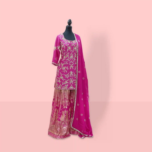 Hot pink antique zardosi handwork suit set with banarasi sharara