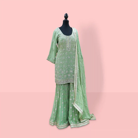 Pista green pure georgette heavy mirror and sequin handwork garara suit set