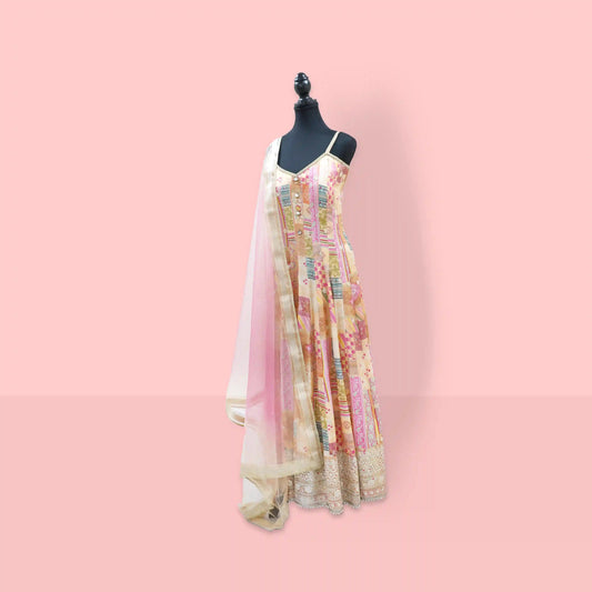 Peach chinon floor-length anarkali with gotapatti ghera