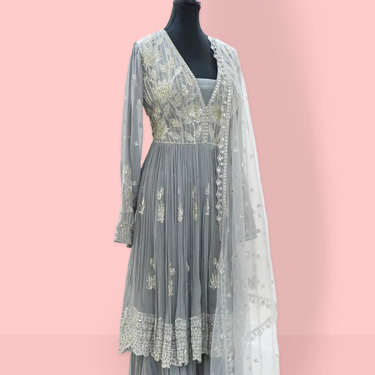 Grey pure georgette short anarkali sharara set