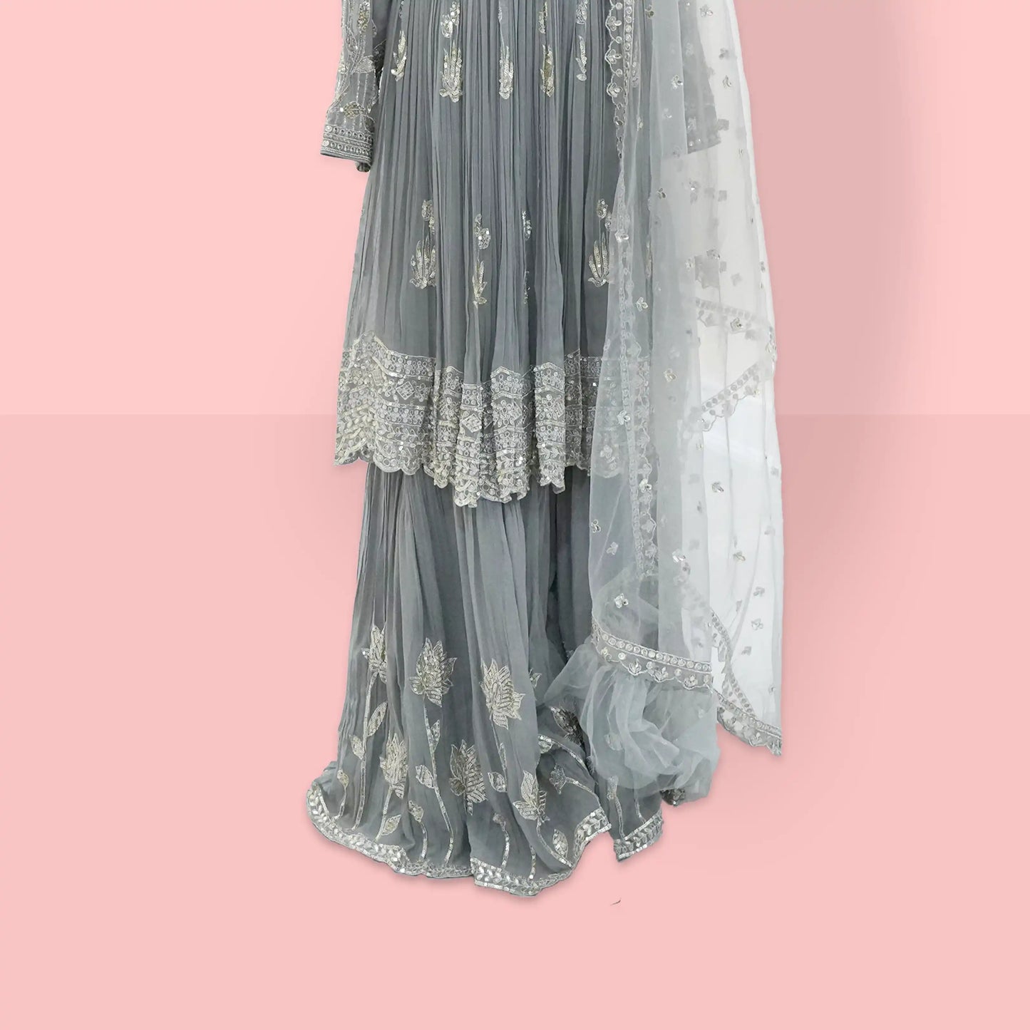 Grey pure georgette short anarkali sharara set