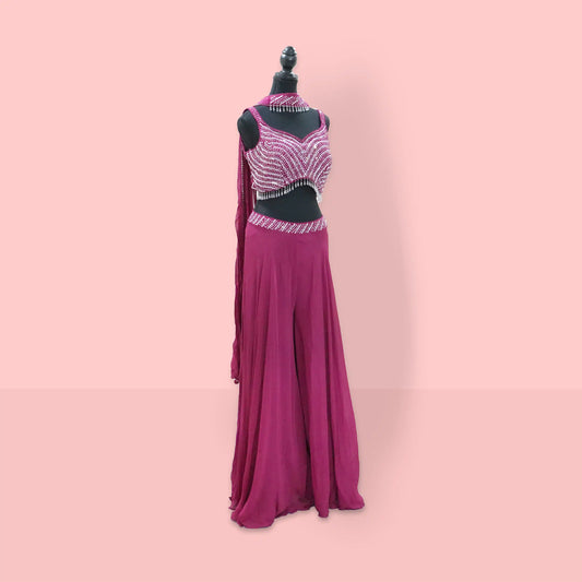 Plum Red mirror work bustier with sharara set