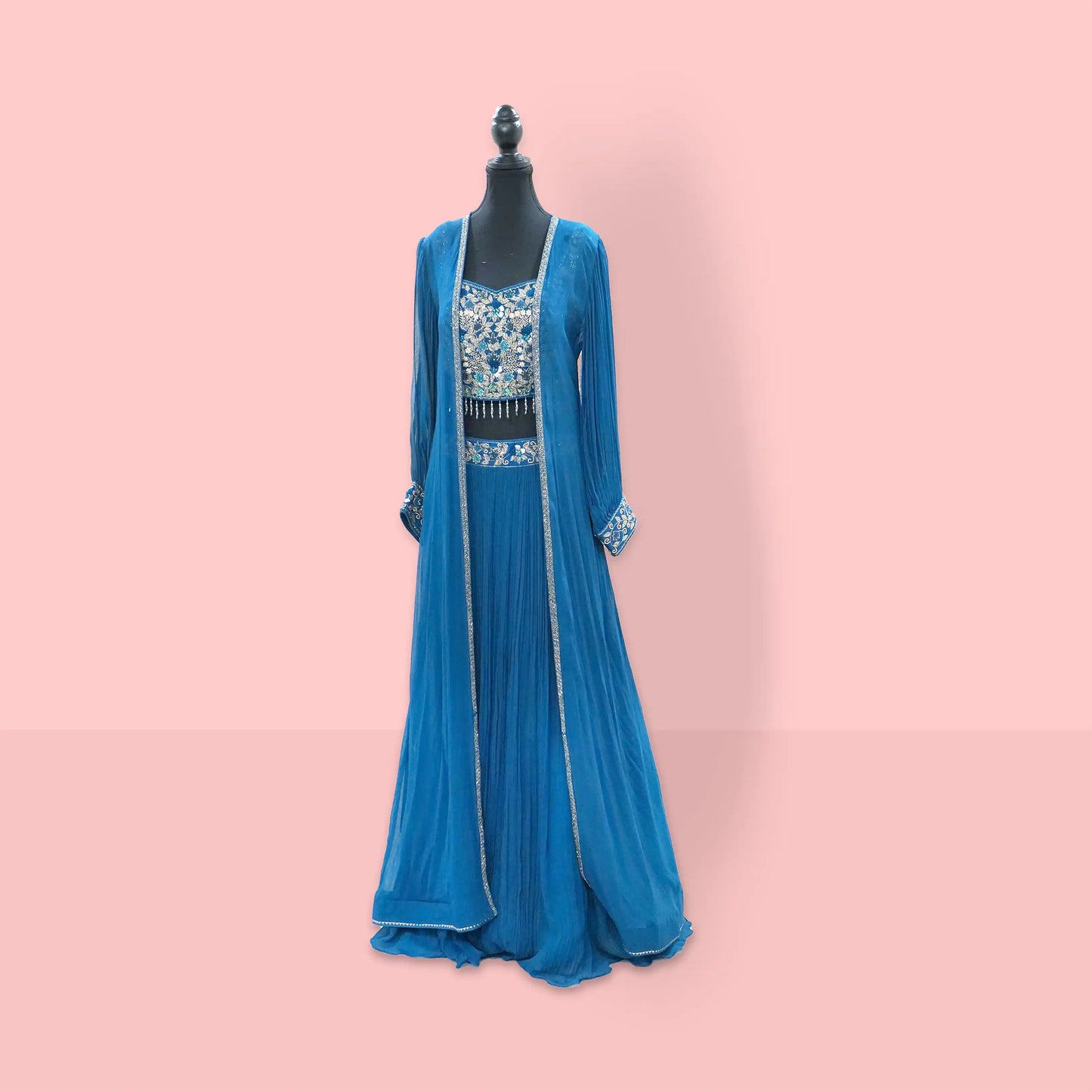 Crystal teal blue indo-western set with embroidered bustier, cape and skirt