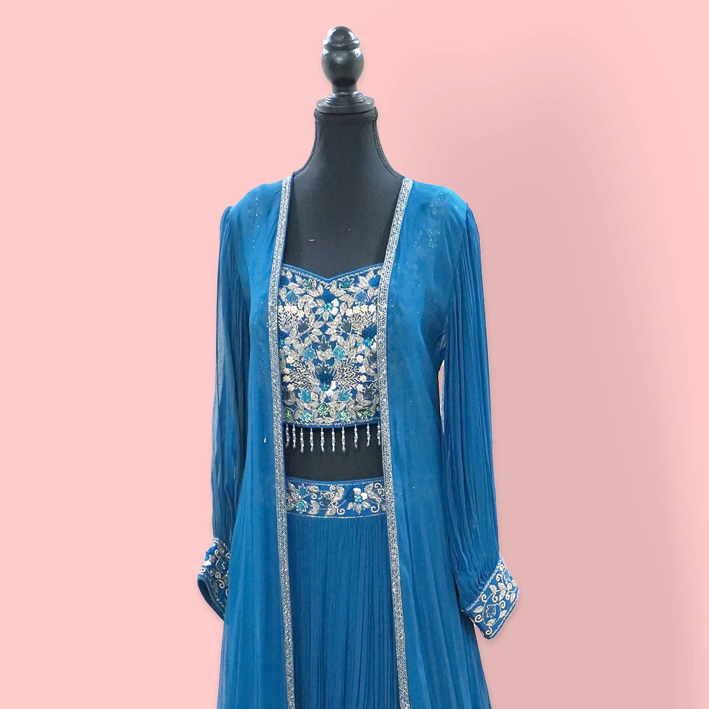 Crystal teal blue indo-western set with embroidered bustier, cape and skirt