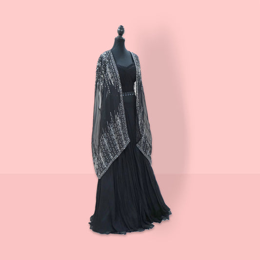 Black indo-western set with mirror work organza cape