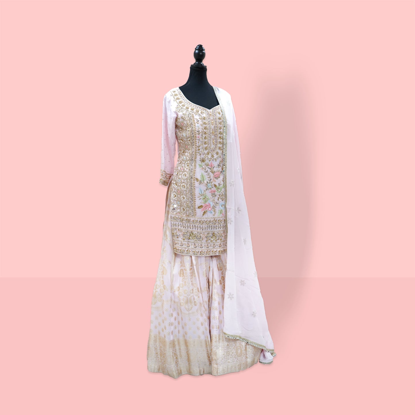 Baby pink mirror, pearl and thread work suit set with chiffon dupatta and banarasi sharara