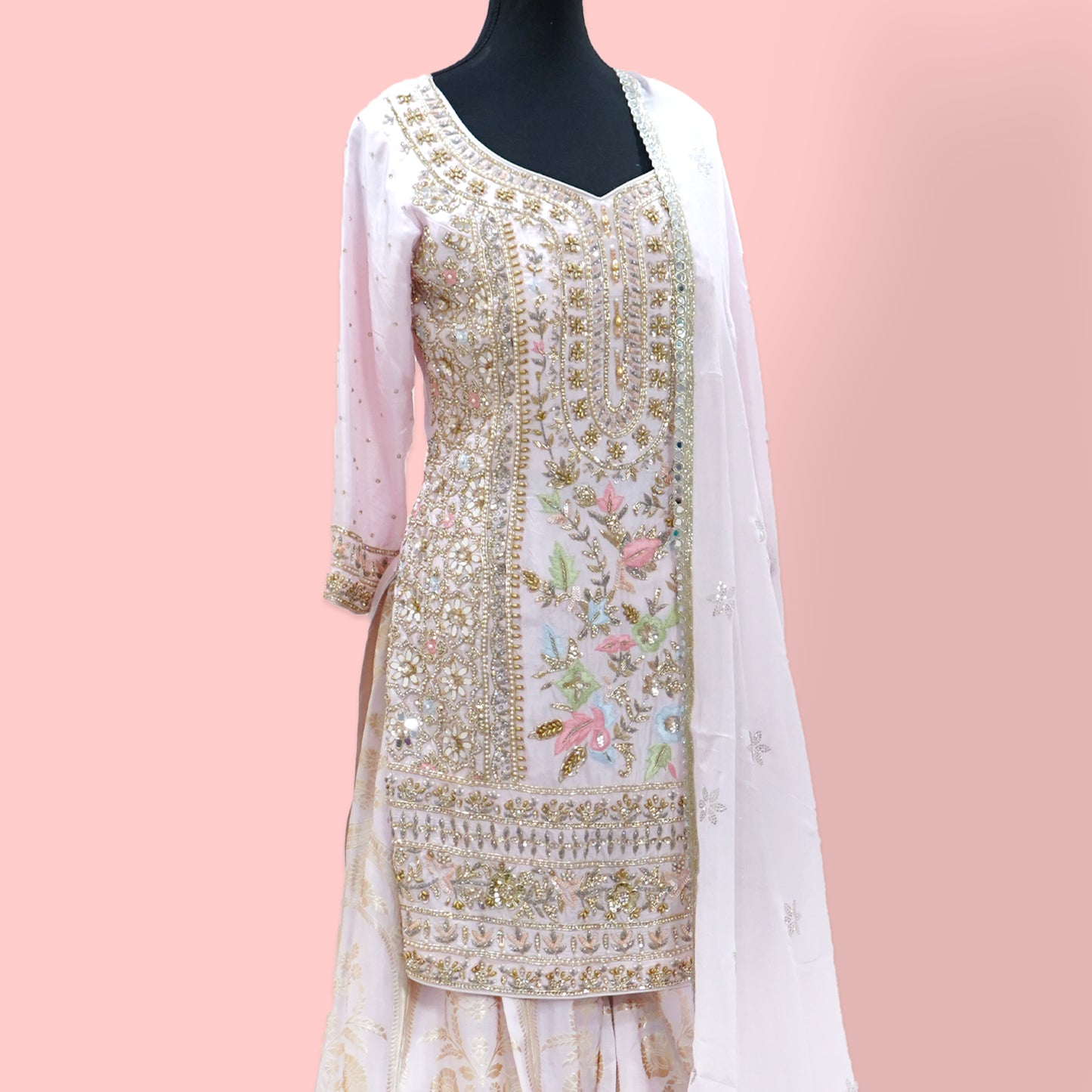 Baby pink mirror, pearl and thread work suit set with chiffon dupatta and banarasi sharara