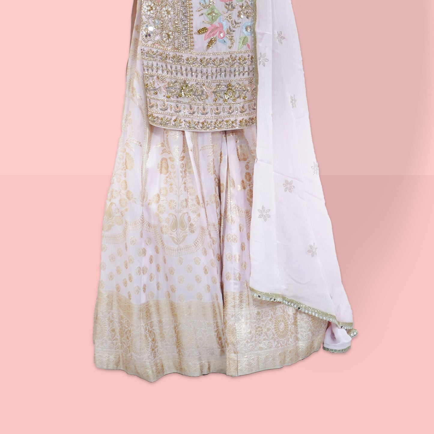 Baby pink mirror, pearl and thread work suit set with chiffon dupatta and banarasi sharara